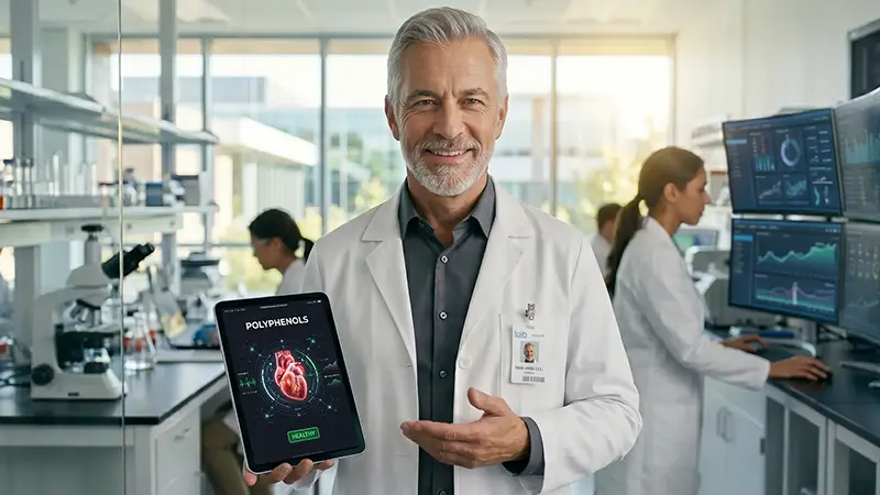 Researcher holding a tablet with case study on screen inside a research facility