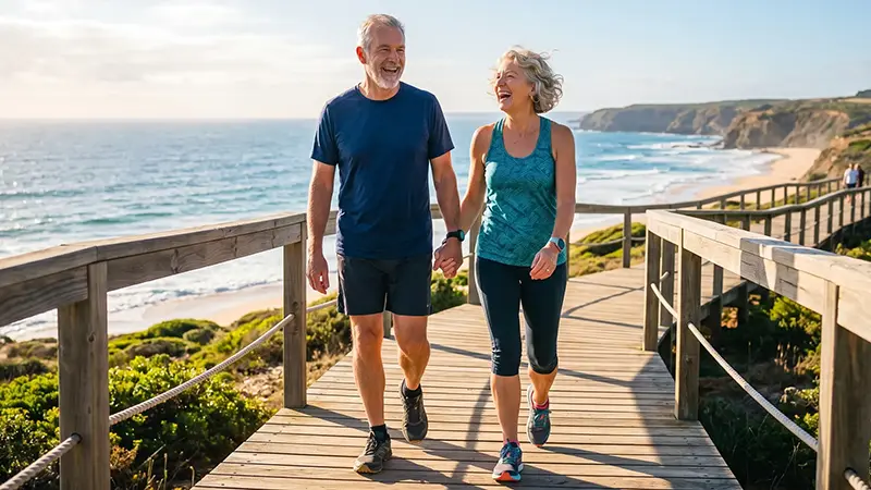 A couple in their 60s taking a walk on a boardwalk in a coastal landscape