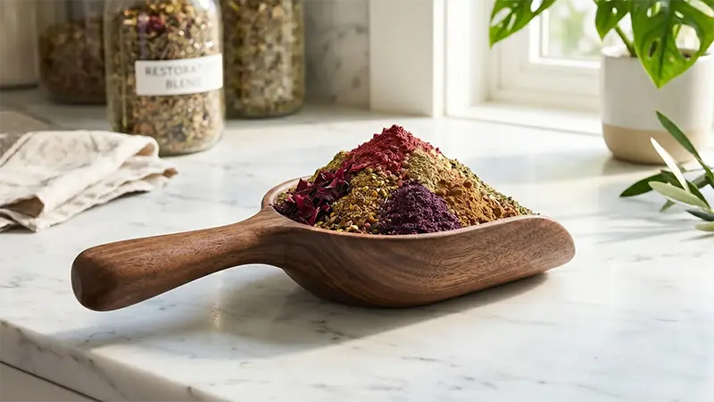A large wooden measuring spoon on a kitchen counter next to a window loaded with a blend of different herbs