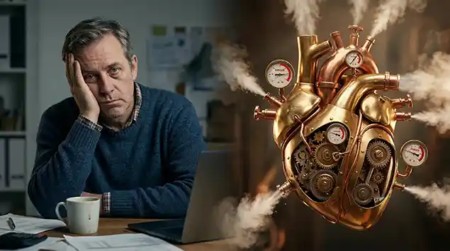 Exhausted men on left, overheating brass heart with steam on the right