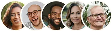Five testimonial thumbnail pictures